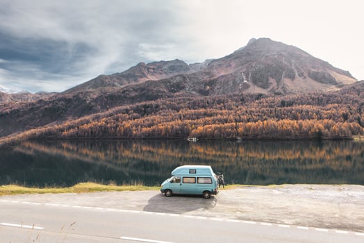 Fielderized van parked on mountain road photo