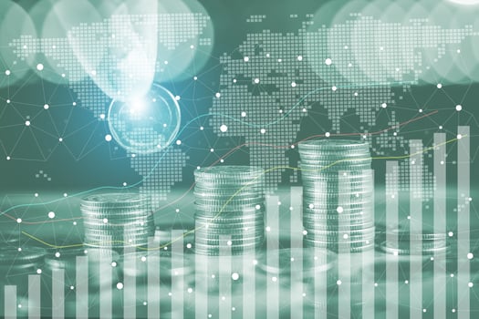 Financial stock market graph and rows of coins concept rows of coins lined up There is a graph showing growth and savings to plan for independent spending photo