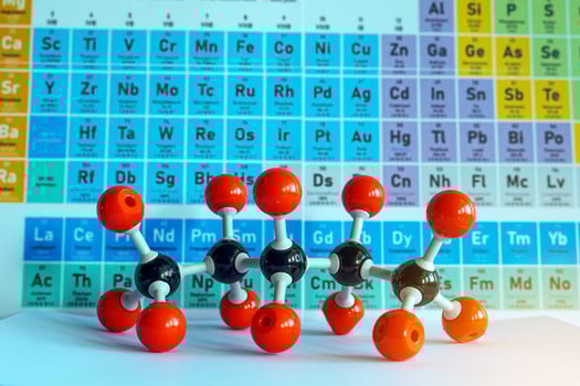 Simulate Shape of covalent molecules on a periodic table background. Soft and selective focus. photo