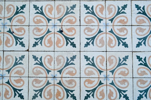 The texture of square ceramic tiles with patterns from traditional Arabic ornaments and flowers of yellow and blue with seams. The background photo