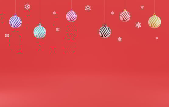 Christmas balls background.Christmas balls of various colors on red background.christmas card.snowflakes,Ball,Copy space.Happy New Year and Merry Christmas.Festive xmas decoration. 3D rendering. photo