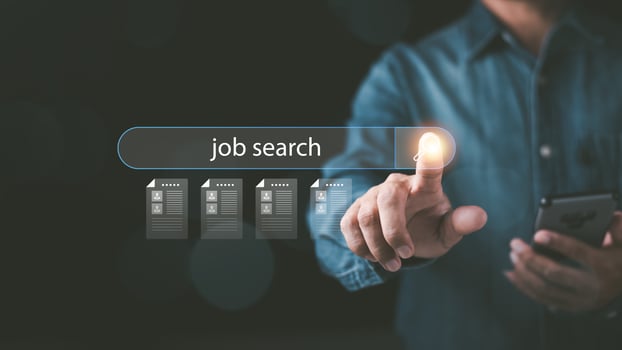 man pointing at icon Displays online job search information, career search ideas, recruitment, HR search, form websites and job applications,employment management of agencies with Internet technology photo