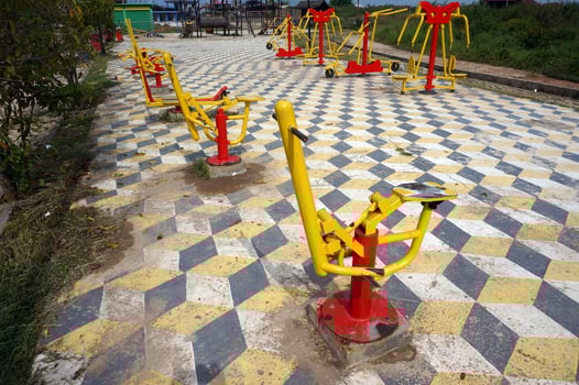 Sports simulators on the playground, horizontal bars and other equipment. Sports ground. photo