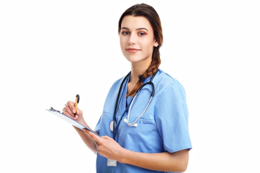 Woman doctor isolated over white background photo