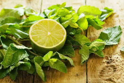 Mint leaves and lime on wooden table photo