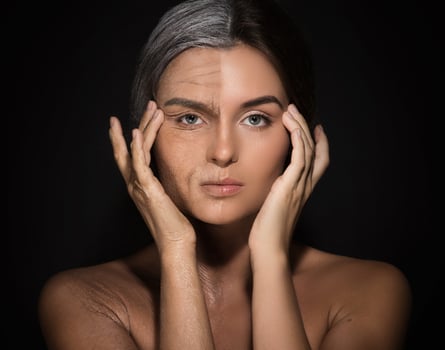 Aging concept. Young and old face comparision. photo