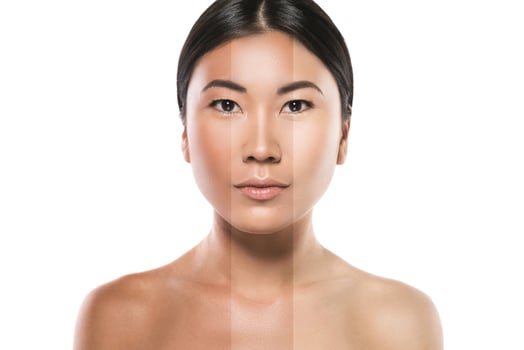 Difference in skin brightness. Concept of facial whitening or sun protection. photo