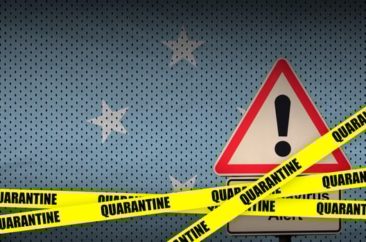 Micronesia flag and Covid-19 quarantine yellow tape. Coronavirus or 2019-nCov virus photo