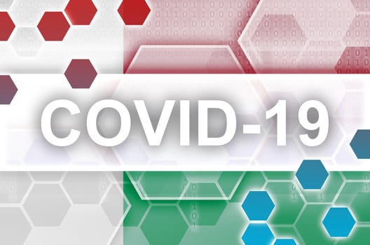 Madagascar flag and futuristic digital abstract composition with Covid-19 inscription. Coronavirus outbreak concept photo