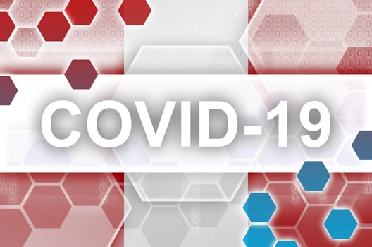 Peru flag and futuristic digital abstract composition with Covid-19 inscription. Coronavirus outbreak concept photo