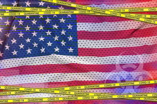United States of America flag and Covid-19 quarantine yellow tape. Coronavirus or 2019-nCov virus concept photo