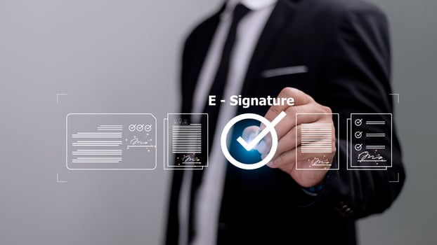 Online business contract Electronic signature, e-signing, digital document management, paperless office, signing business contract concept. photo
