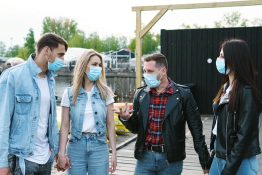 Group of friends wearing prevention masks during their meeting outdoors. photo