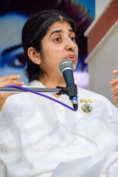 New Delhi, India, October 16 2022 - BK Shivani during meditation session, Shivani Verma, better known as BK Shivani, is a teacher in the Brahma Kumaris spiritual yoga and meditation movement of India photo