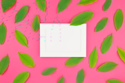 Flat lay with green leaves and frame mockup photo