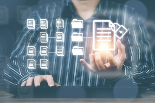 Document Management System concept business man show documents online with a secure storage system and convenient Can work more conveniently to increase the efficiency of work in the organization. photo