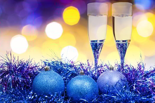 glasses, blue Xmass balls on blurry background 9 photo