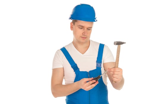male builder in blue uniform and helmet photo