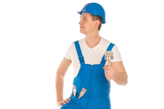 builder in blue uniform and helmet photo