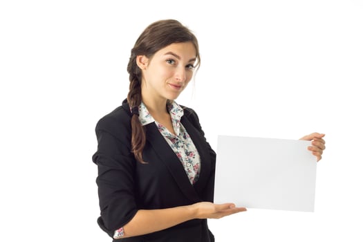 woman in uniform with white placard in hands photo