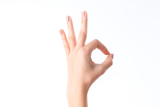 female hand showing the gesture with two fingers clasped and raised three  up isolated on white background photo