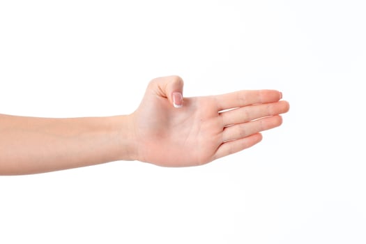 female hand outstretched to the side and showing the Palm of your  isolated on white background photo