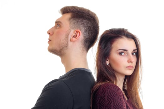 Portrait of serious young couple in studio photo