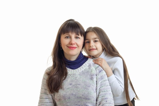 Couple of mother with her daughter hugs and smiles on camera photo