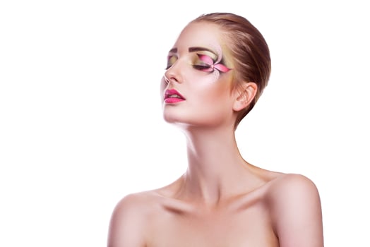 Isolated on white bcakground young adult woman with creative makeup photo