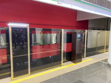 Automatic door platform system at a new modern metro station. Metro security system glass beautiful doors open synchronously with the doors of the arriving train car photo