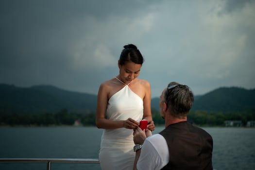 The appropriate time for a white man to propose to marry an Asian woman. photo