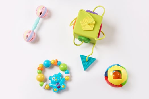 Collection of colorful plastic toys for little kids. photo