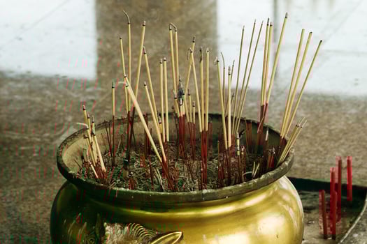 Traditional censer with smoldering sticks inside a buddhist temple. photo