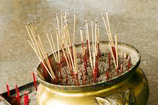 Traditional censer with smoldering sticks inside a buddhist temple. photo