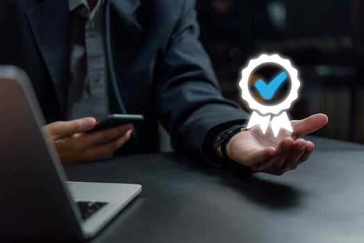Businessman Hand shows digital technology icon sign of the top service the best Quality assurance, ISO certification and standardization concept. guarantee product and ISO service concept. photo