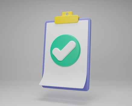 3D rendering illustration Cartoon minimal Check mark icon on clipboard checklist note paper management check. Approvement concept. Document. working plan to success. Business time document marking photo