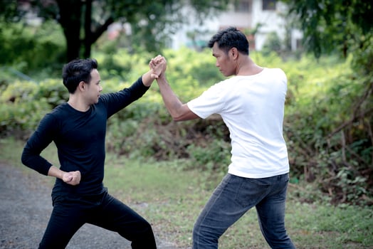 Young man training self defense fighting technique. photo