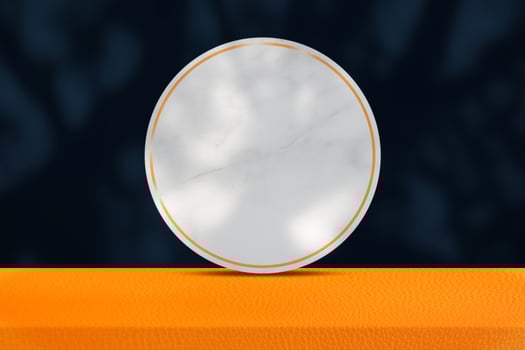 Leather Table and Circle Marble Podium and Gold Edge with Tree Shadow Wall Texture Background, Suitable for Cosmetic Product Presentation Backdrop, Halloween Display, and Mock up. photo