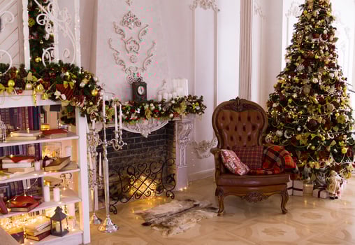 Classic interior room decorated in Christmas style with Christmas tree. photo