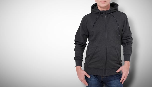 Man in black sweatshirt, black hoodies. white background photo