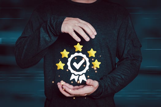 person's hand holding and show the sign of the top service best quality, ISO certification, Standards, Guarantee, and standardization concept. photo