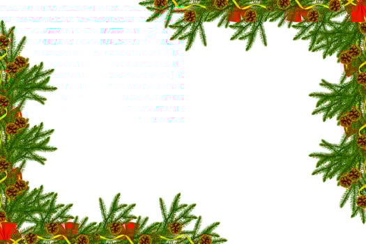 Pine tree branches with cones and red ribbon bow decoration isolated on white. photo