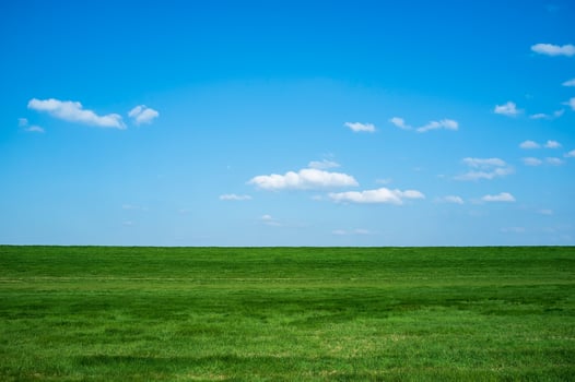 Wonderful rural landscape.Field with green fresh grass against a blue sky and white clouds, on a spring day. Beautiful picture. photo