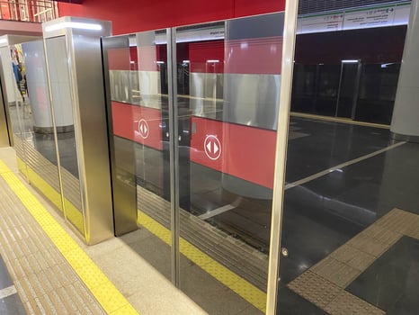 Automatic door platform system at a new modern metro station. Metro security system glass beautiful doors open synchronously with the doors of the arriving train car photo