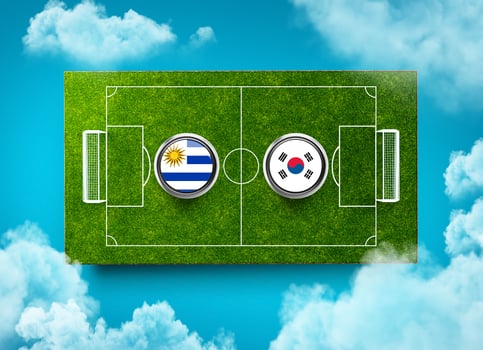 Uruguay vs South Korea Versus screen banner Soccer concept. football field stadium, 3d illustration photo