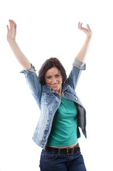 woman cheering on white photo