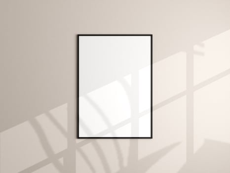 Photo frame mockup hanging on beige wall. Minimalist background. Blank picture frame mockup in living room. Poster mockup. Clean, modern, minimal frame. 3d rendering.