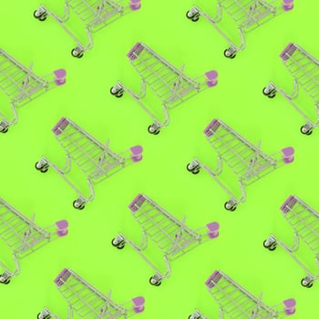 Shopping addiction, shopping lover or shopaholic concept. Many small empty shopping carts perform a pattern on a pastel colored paper background. Flat lay composition, top view photo