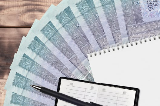 5 Egyptian pounds bills fan and notepad with contact book and black pen. Concept of financial planning and business strategy photo