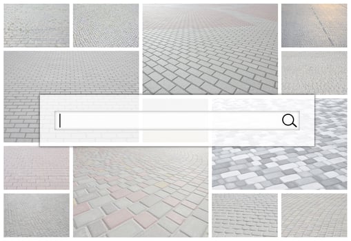 Visualization of the search bar on the background of a collage of many pictures with fragments of paving tiles close-up. Set of images with pavement stone photo
